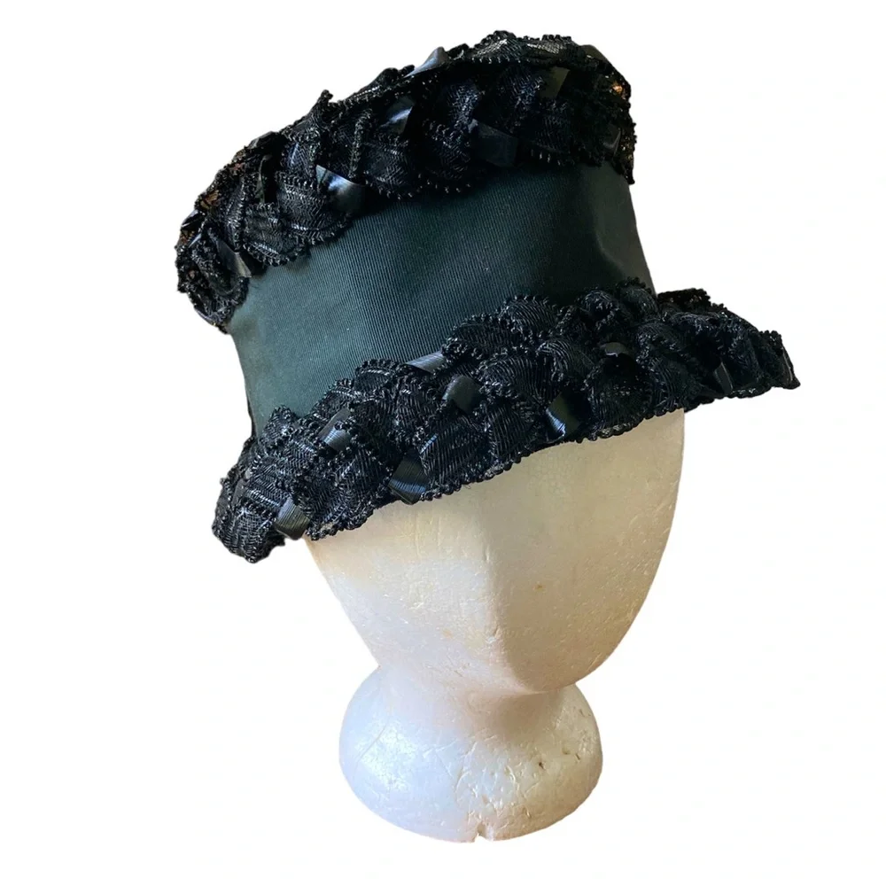 Vintage Straw Hat Bonnet Wide Brim Union USA Made Retro Church Lady Costume Blk - Picture 2 of 7